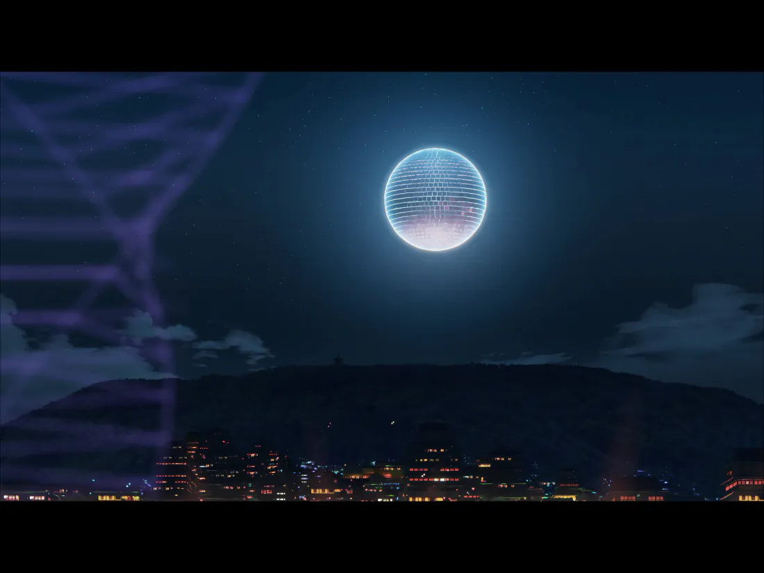 2k超时空辉夜姬壁纸|月夜东京城景背景图片 - 静谧夜景「哲风壁纸」 动画电影超时空辉夜姬的月夜城市场景,满月悬于夜空,下方是灯火点点的未来都市与远山剪影。