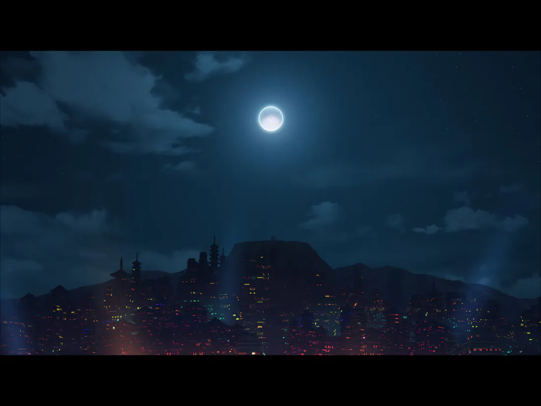 深蓝色夜空悬着一轮明亮满月，下方是亮起点点灯火的城市剪影，云层点缀其间。