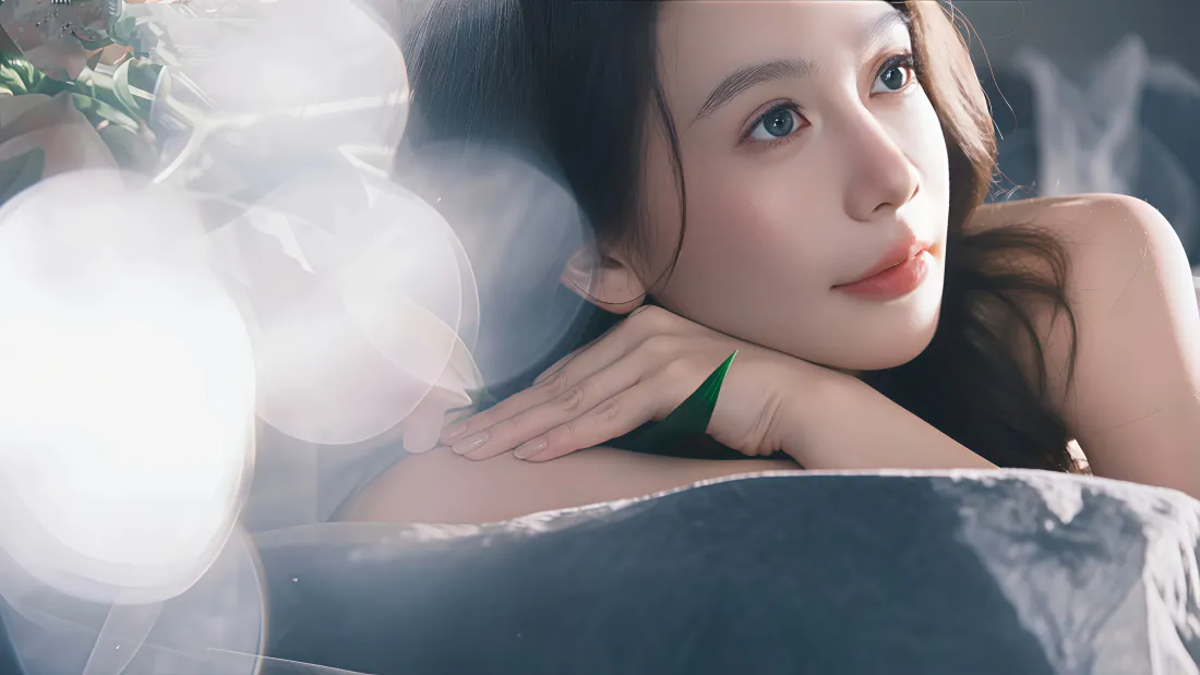4k美女壁纸|朦胧纱幔柔焦人像背景图片 - 清新治愈氛围「哲风壁纸」 长发女子手肘支撑,侧脸望向侧方,前景朦胧白纱柔焦虚化。
