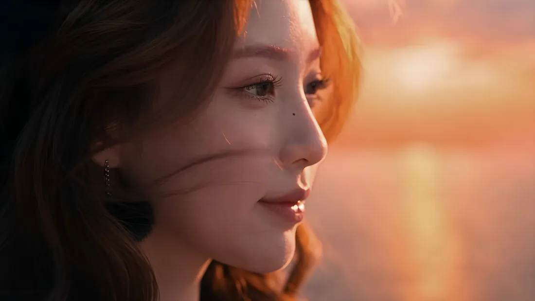 暖橙黄昏光线下的长发女性侧脸特写，背景虚化柔和。