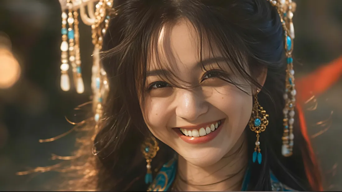 暖金光影下，佩戴金流苏发饰与绿松石耳坠的古风美女wink露齿笑，背景虚化。