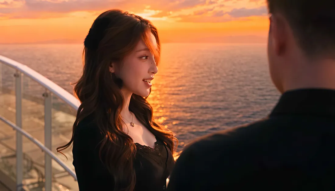 黄昏海边露台上，黑衣长发女子侧头望向对面男子，海面映着橙红夕阳。