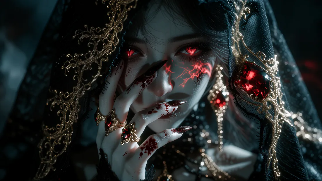 暗调画面中红眼哥特女性，面部带红色纹路，手沾血渍，佩戴华丽黑金珠宝。