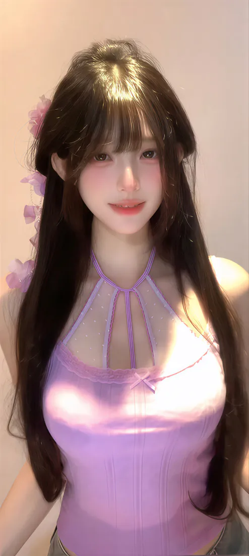暖光室内，长发齐刘海年轻女生穿紫色挂脖上衣，发侧别着粉紫花朵发饰。