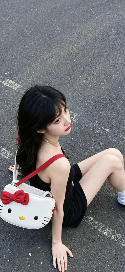 俯拍黑长直少女坐在沥青路面上，背 Hello Kitty 造型斜挎包，回头望向镜头。