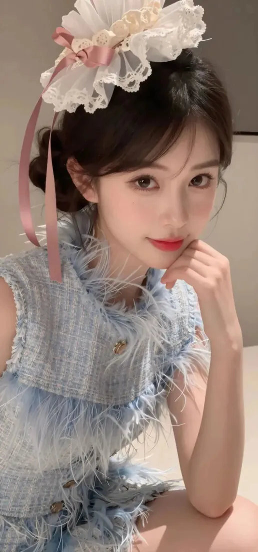 盘发少女佩戴蕾丝花朵发饰，身着浅蓝毛绒纱裙，手托脸颊温柔看向镜头。
