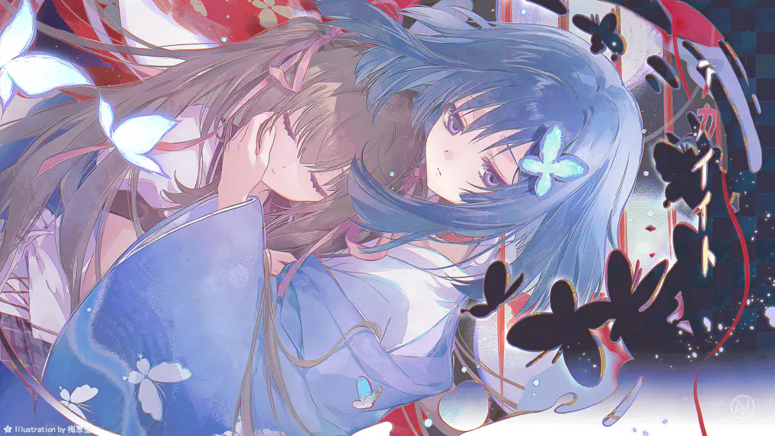 2k蓝发动漫少女壁纸|和服少女与黑蝶背景图片 - 和风唯美「哲风壁纸」 蓝发和服动漫少女侧身回眸,身侧环绕黑色蝴蝶,和风元素点缀画面。