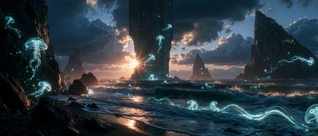 黄昏海岸，发光水母漂浮于海面与空中，落日余晖映照海蚀岩与海浪。
