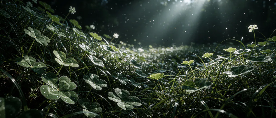 低角度拍摄林间四叶草草地，丁达尔光束穿透暗林洒落，草叶带露珠点缀白色小花。