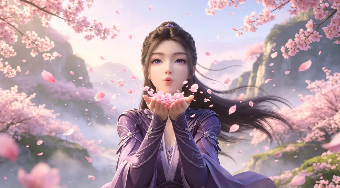 3k紫灵壁纸|紫裙仙侠少女吹花瓣背景图片 - 梦幻唯美「哲风壁纸」 紫衣仙侠少女双手捧起粉色花瓣轻吹,樱花纷飞,云雾山峦环绕。