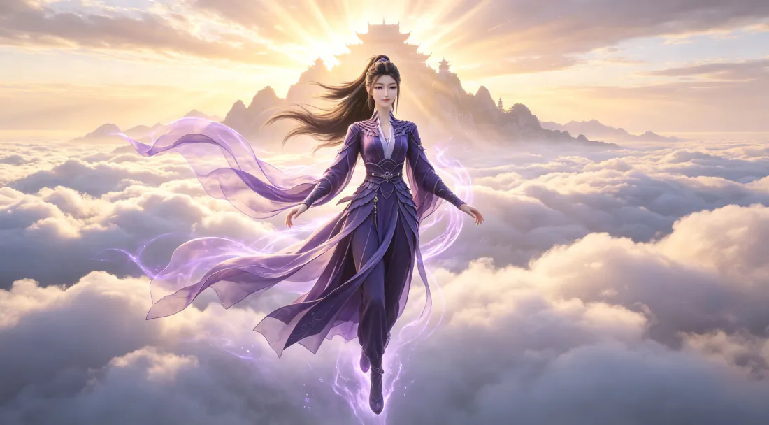 3k紫灵壁纸|云海之上紫衣仙子背景图片 - 仙侠梦幻「哲风壁纸」 紫衣古装女子凌空立于云海之上,身后远山与暖光云层相映,仙气飘逸。