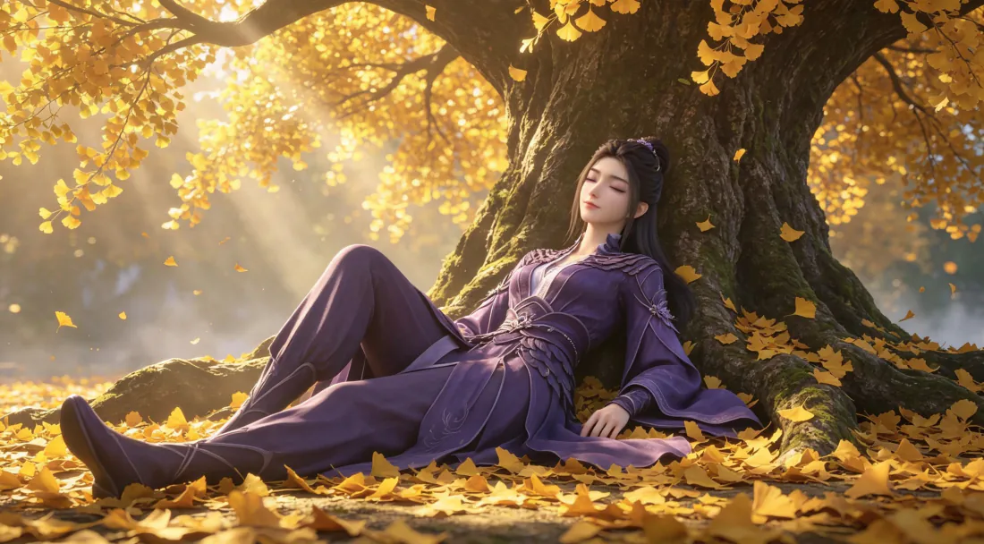3k紫灵壁纸|银杏树下紫衣女子背景图片 - 秋日暖光「哲风壁纸」 紫衣女子靠在金黄银杏树下闭目休憩,阳光穿透枝叶洒落,落叶满地。