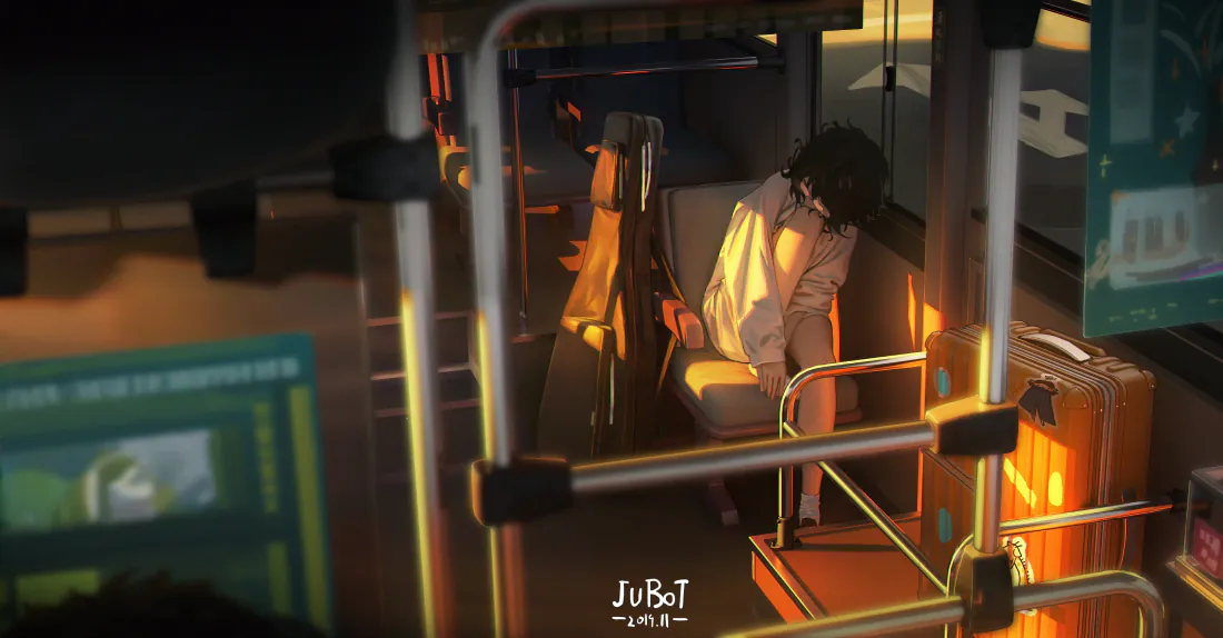 黄昏暖光洒进巴士车厢，少女靠窗静坐，氛围静谧治愈。