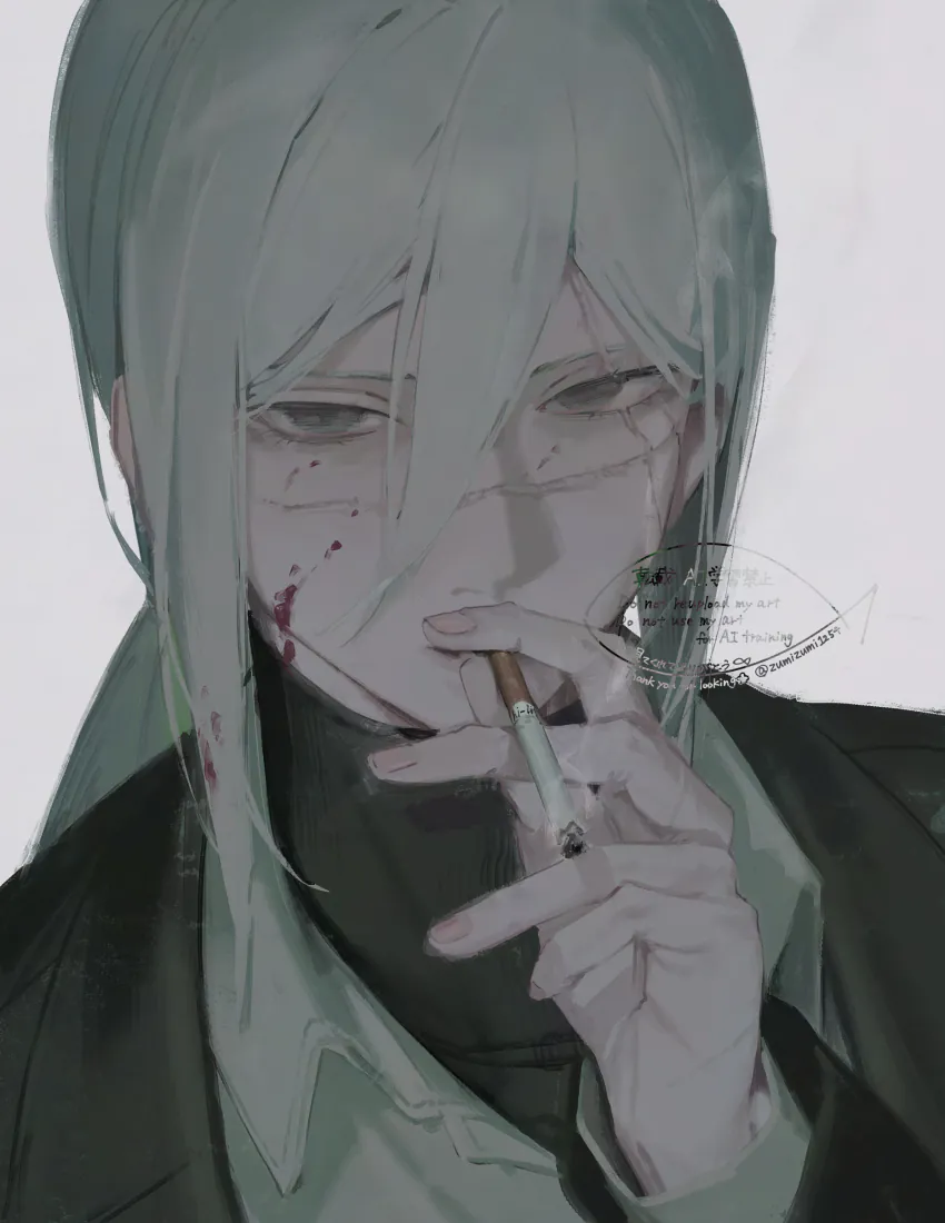 灰绿长发二次元少女半身像，手持香烟，脸颊带血迹，着深色西装与高领衫，浅灰背景。