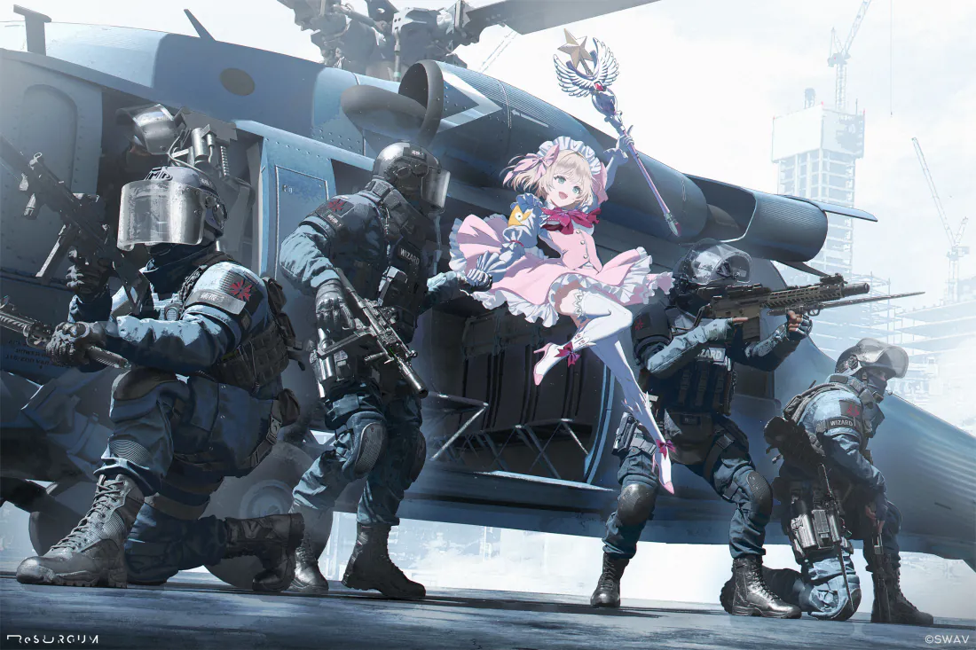 3k魔法少女壁纸|特种兵护卫直升机背景图片 - 硬核反差战场「哲风壁纸」 粉发魔法少女持魔法杖立于军用直升机舱门,四名全副武装特种兵持枪护卫。