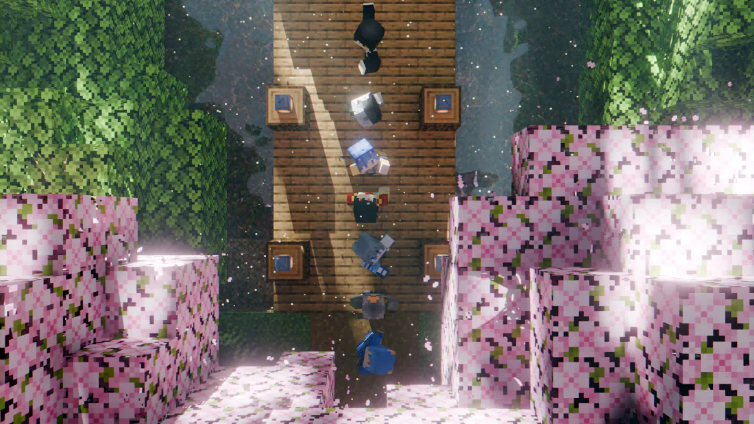 Minecraft风格樱花林间的木质梯子，两侧方块树木环绕，花瓣飘落。