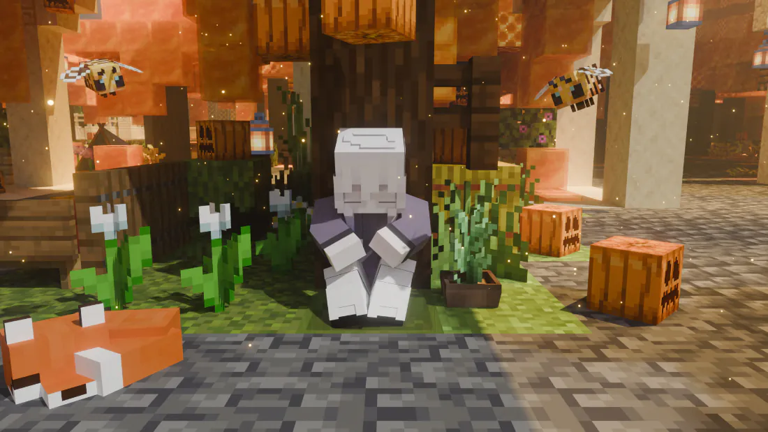 Minecraft像素秋日小镇场景，方块角色坐于树下，旁有像素狐狸、蜜蜂与南瓜灯。