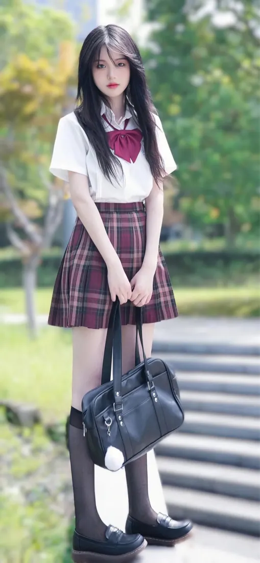 黑长直少女身着JK制服站在户外石阶上，背景是虚化的绿树草地。