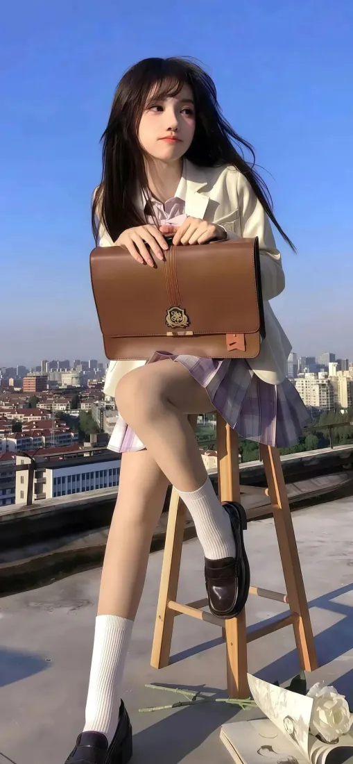长发JK少女坐天台木梯上，怀抱棕色制服包，背景蓝天与城市建筑群。