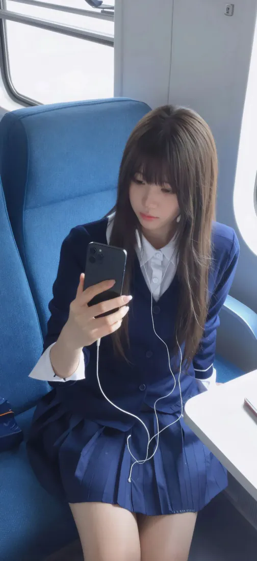 穿蓝色制服的长发少女坐在高铁座椅上，手持手机佩戴有线耳机自拍。