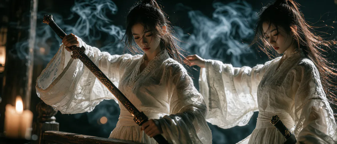 暗夜烟雾中两名白衣高马尾古风侠女持剑而立，旁侧烛火微光摇曳。