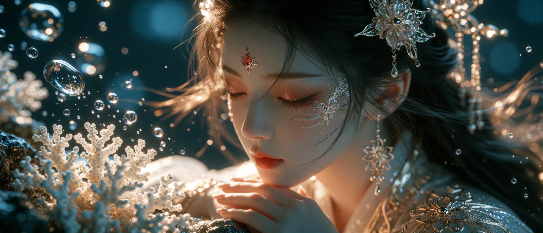 水下场景中闭眼的古风汉服女子，身旁环绕珊瑚与气泡，金色光影洒落。
