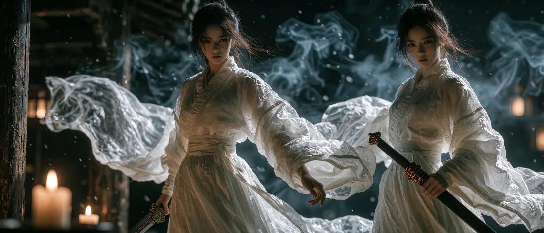 暗夜烛火旁，两名白衣古装女侠持剑而立，衣袂飘飞，烟雾缭绕。