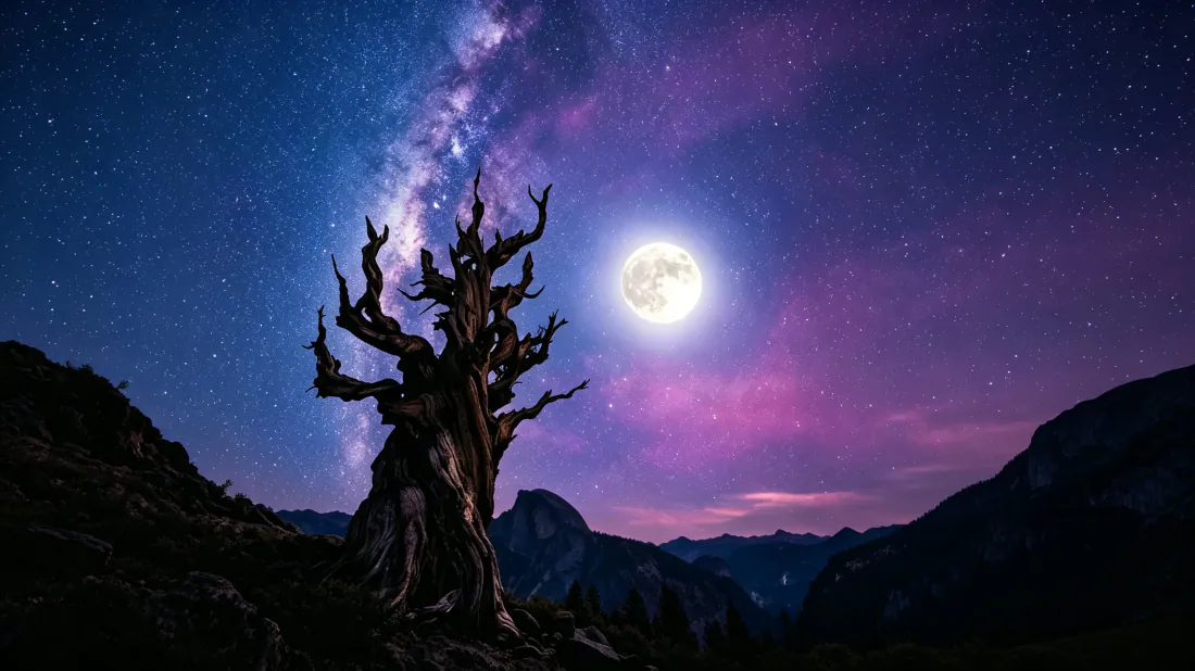 夜空下枯树剪影立于山间，满月高悬，银河与繁星铺满紫蓝色天幕。