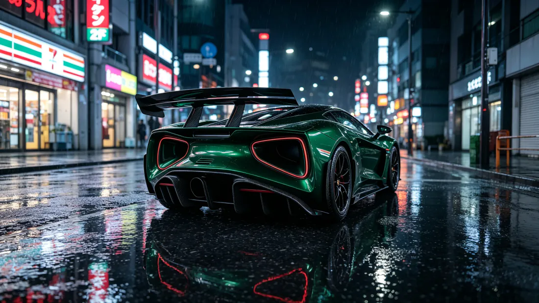 雨夜东京街头，绿色超跑停在湿滑反光的路面上，霓虹招牌倒映在水洼中。