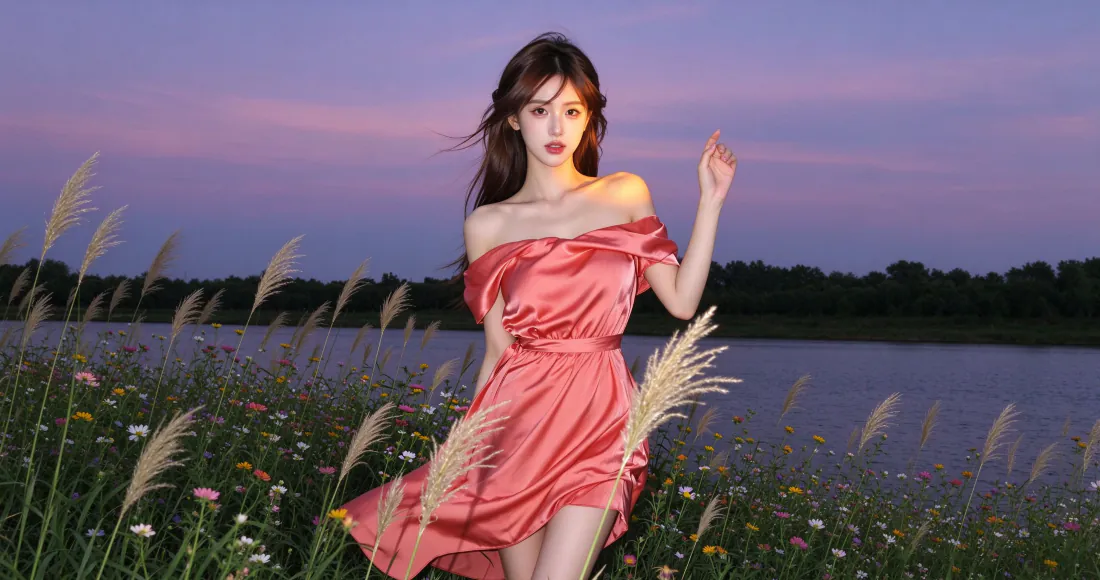 粉裙少女立于湖畔芦苇花丛中，背景是紫粉色黄昏天空与平静湖面。