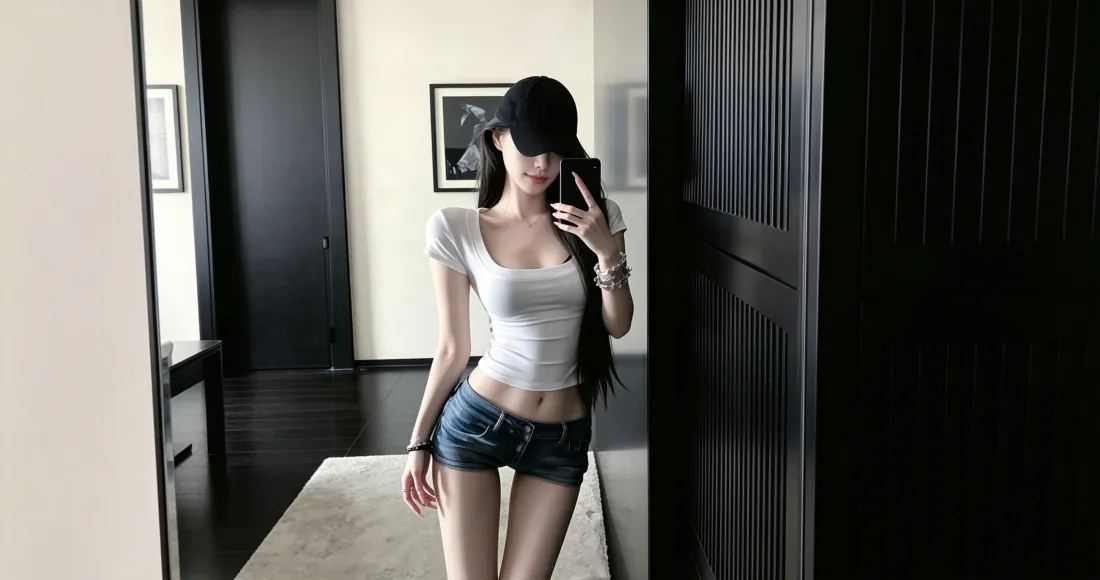 戴黑帽的长发女子在室内镜前举手机自拍，穿白短T恤与牛仔短裤。