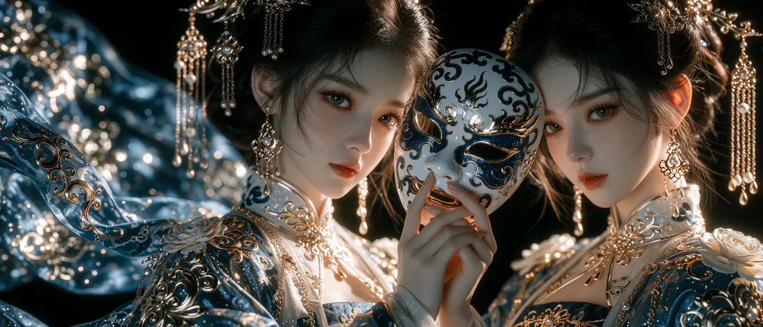 两名身着青花金饰古装的女子，共同手持青花瓷纹样面具，暗调背景下氛围典雅。