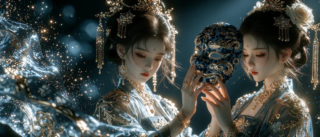 两名身着青花鎏金汉服的古风仕女，共同托举华丽面具，周身环绕珠光与朦胧光斑。